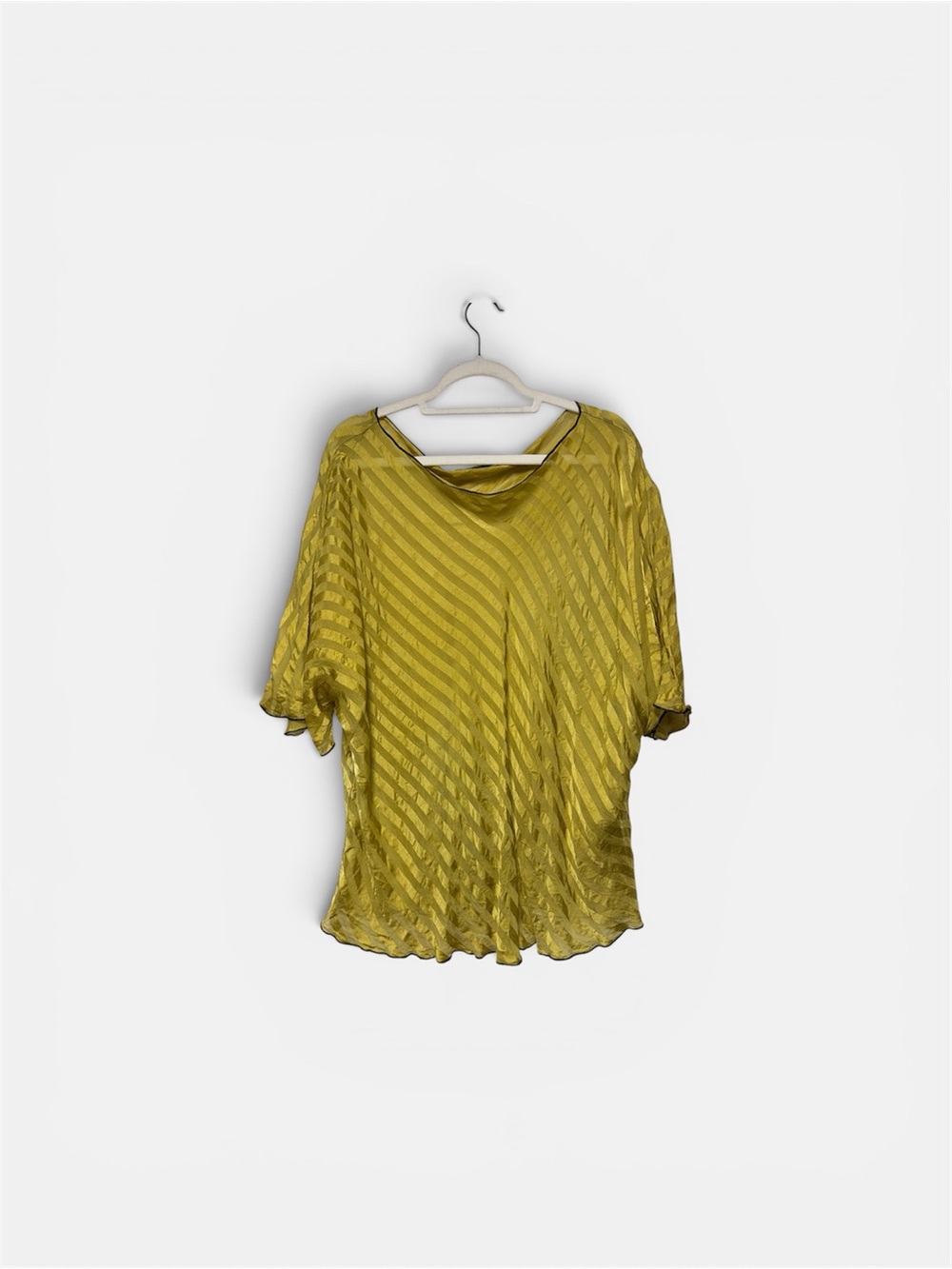 GORGEOUS Vintage Cynthia Ashby Olive Silk Stripe Short-Sleeve Blouse 62” Bust